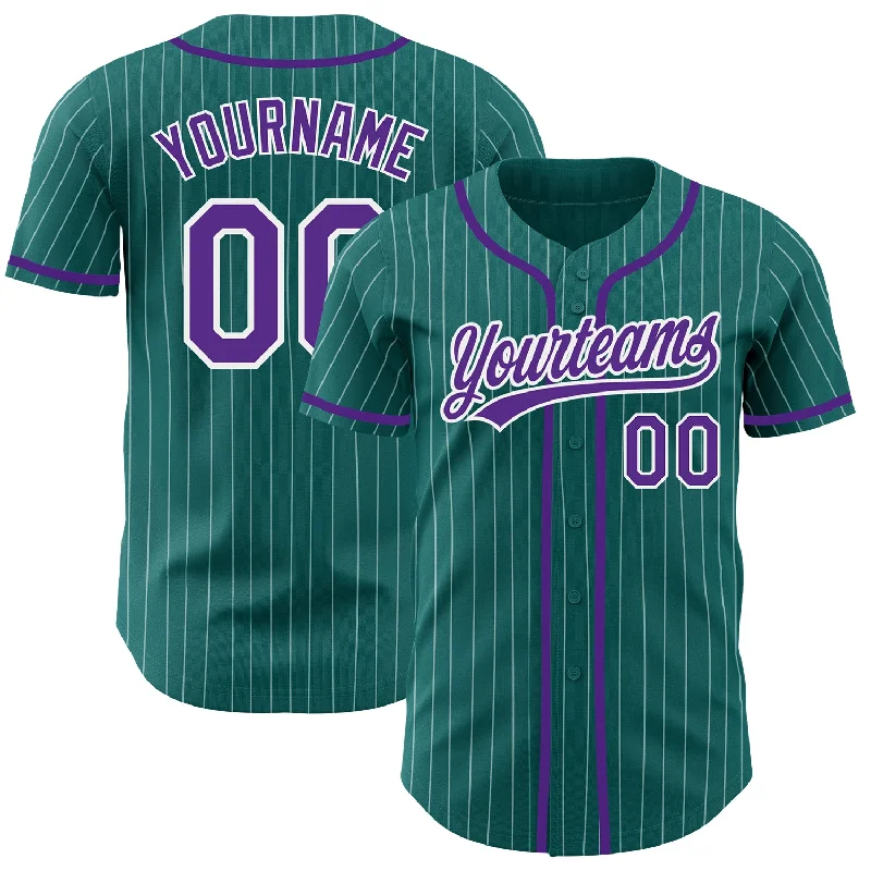 Baseball Jersey for Softball Teams-Custom Teal White Pinstripe Purple Authentic Baseball Jersey