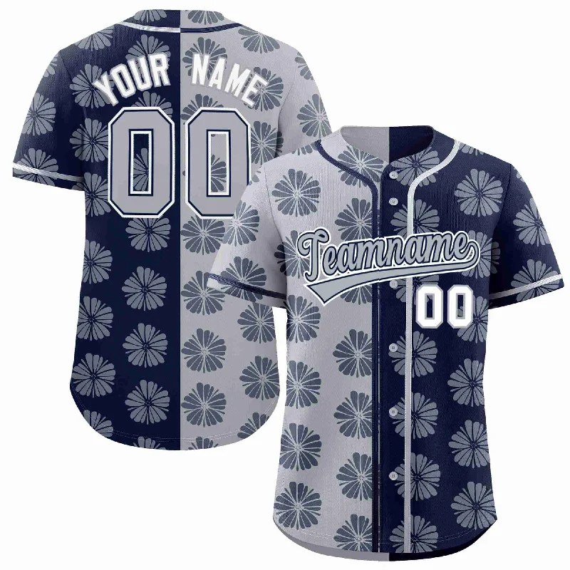 Baseball Jersey for Lightweight Game Wear-Custom Light Gray Navy Split Fashion Flower Graffiti Pattern Authentic Baseball Jersey