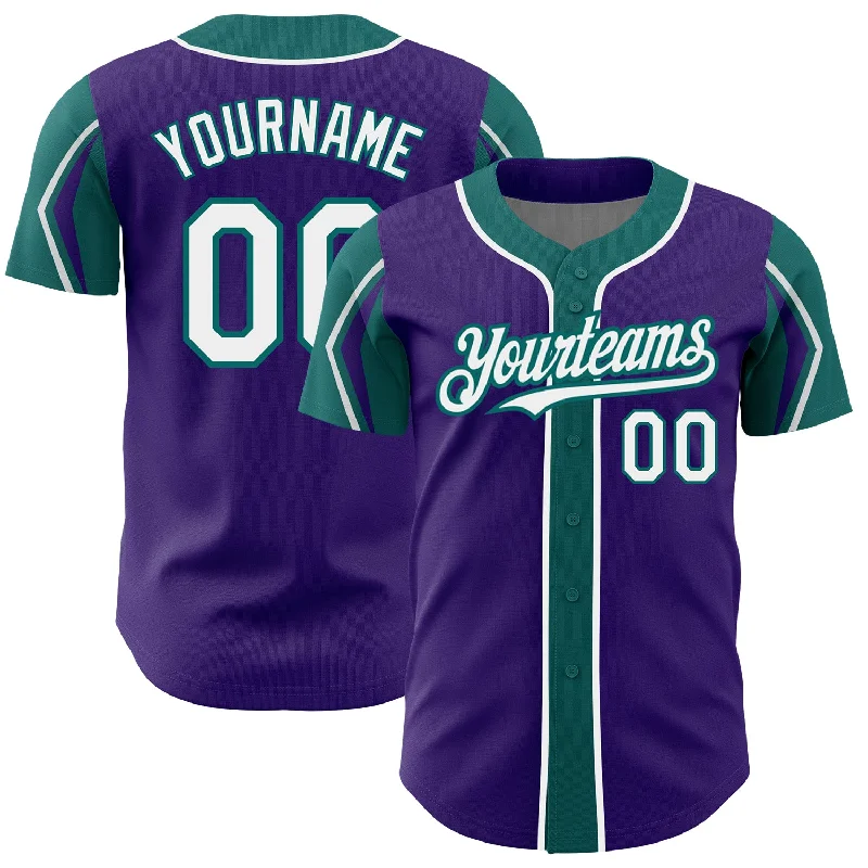 Baseball Jersey for Team Identity Apparel-Custom Purple White-Teal 3 Colors Arm Shapes Authentic Baseball Jersey