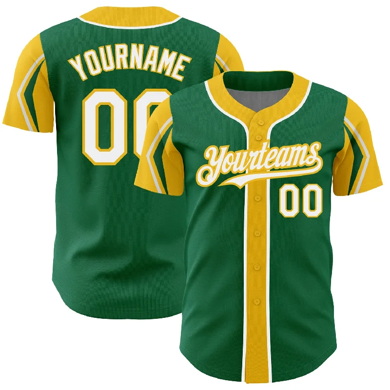 Baseball Jersey for Comfortable Game Day-Custom Kelly Green White-Yellow 3 Colors Arm Shapes Authentic Baseball Jersey