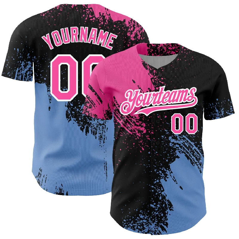 Baseball Jersey for Softball Player Designs-Custom Black Pink-Light Blue 3D Pattern Design Abstract Brush Stroke Authentic Baseball Jersey