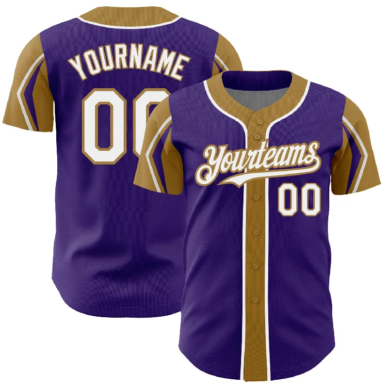 Baseball Jersey for Official Team Uniforms-Custom Purple White-Old Gold 3 Colors Arm Shapes Authentic Baseball Jersey