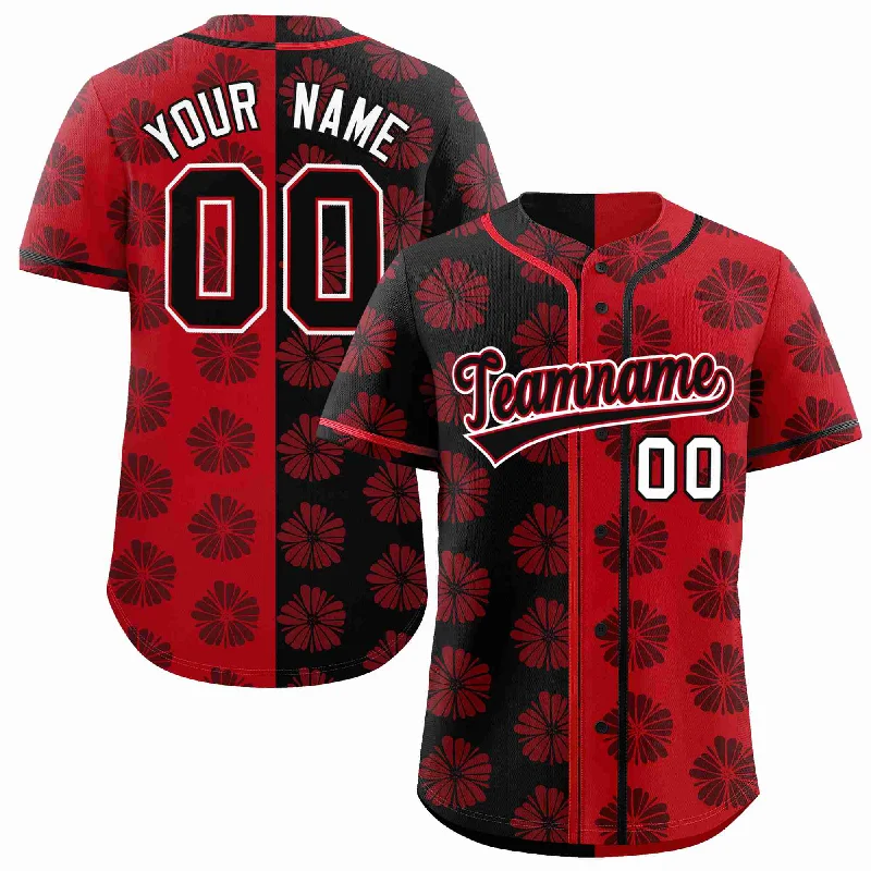 Baseball Jersey for Authentic Team Design-Custom Black Red Split Fashion Flower Graffiti Pattern Authentic Baseball Jersey