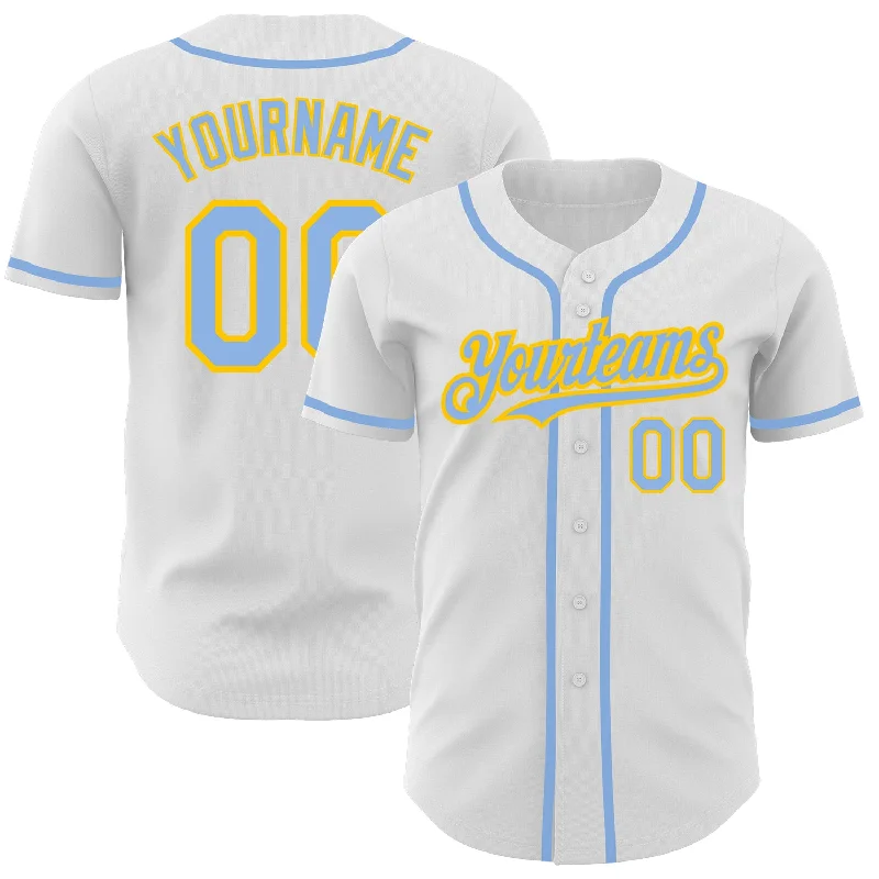 Baseball Jersey for Casual Baseball Fans-Custom White Light Blue-Yellow Authentic Baseball Jersey