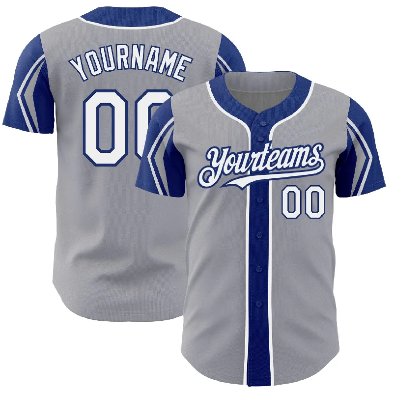 Baseball Jersey for Premium Custom Team Apparel-Custom Gray White-Royal 3 Colors Arm Shapes Authentic Baseball Jersey