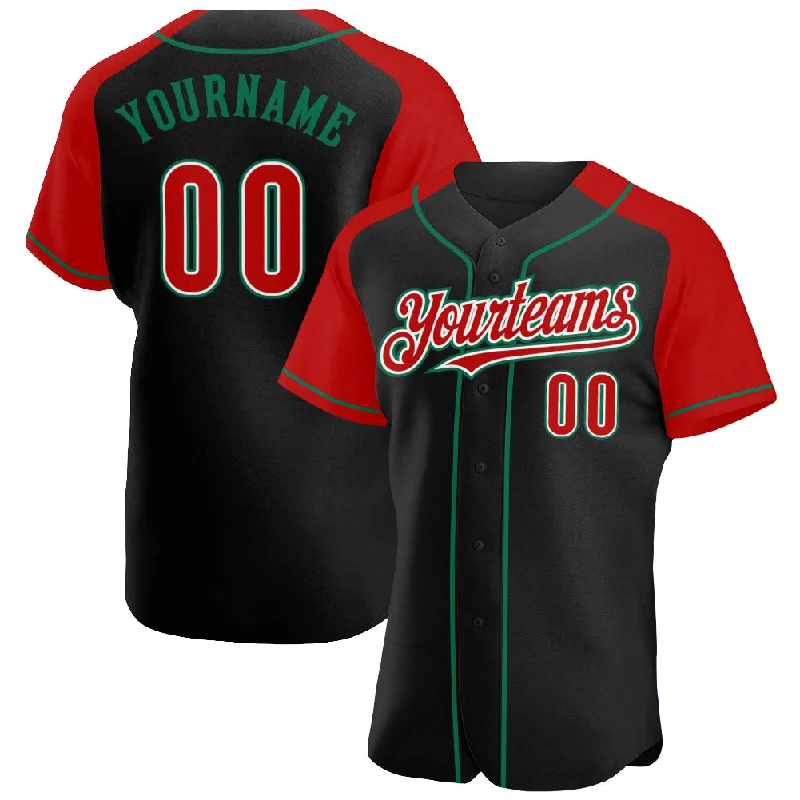 Baseball Jersey for High School Uniforms-Custom Black Red-Kelly Green Authentic Raglan Sleeves Baseball Jersey