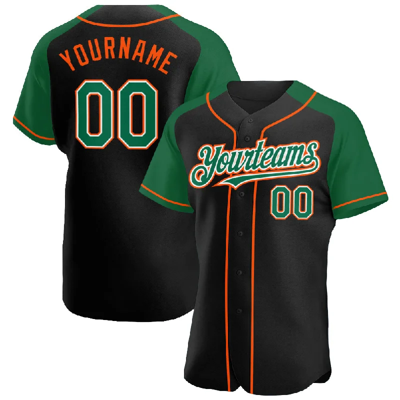 Baseball Jersey for Customizable Team Names-Custom Black Kelly Green-Orange Authentic Raglan Sleeves Baseball Jersey