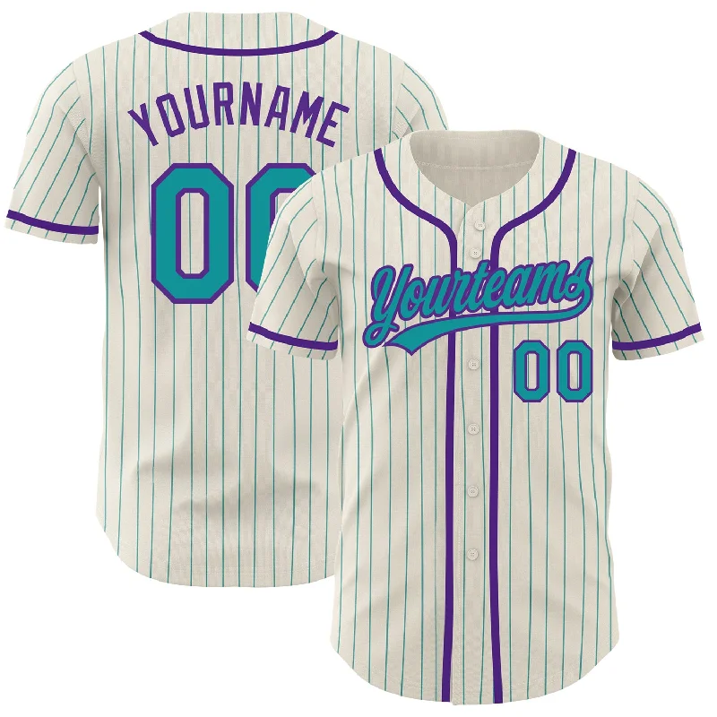 Custom Baseball Jersey for Players-Custom Cream Teal Pinstripe Purple Authentic Baseball Jersey