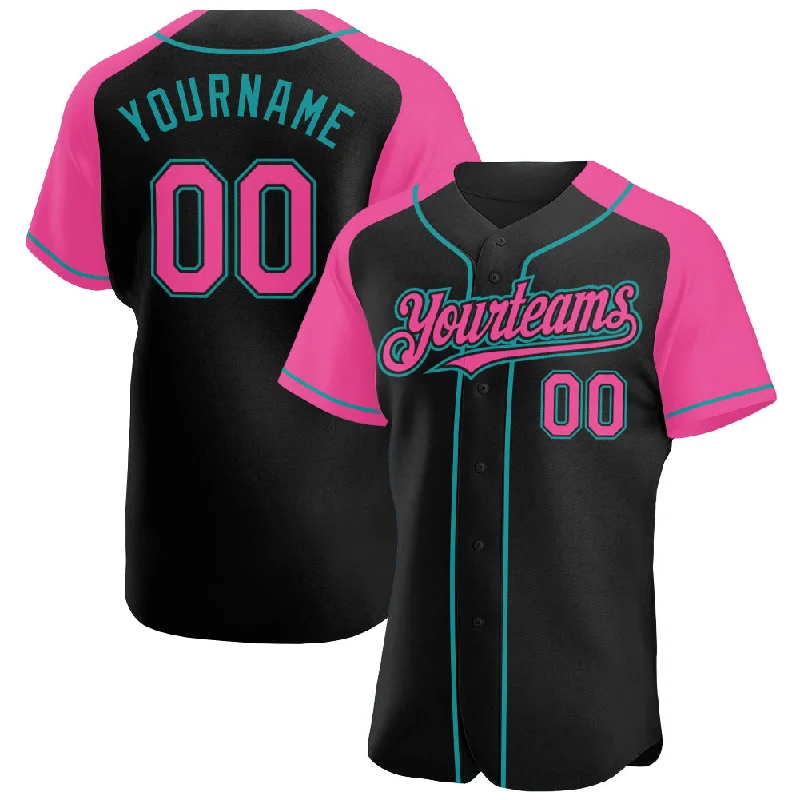 Baseball Jersey for Women-Custom Black Pink-Teal Authentic Raglan Sleeves Baseball Jersey