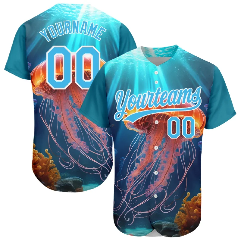 Baseball Jersey for Professional Appearance-Custom Sky Blue White 3D Pattern Design Jellyfish Floating In The Ocean Authentic Baseball Jersey