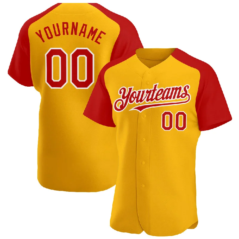 Baseball Jersey for Premium Game-Day Apparel-Custom Gold Red-White Authentic Raglan Sleeves Baseball Jersey