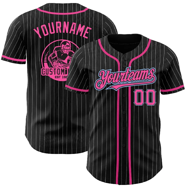 Baseball Jersey for Game Ready Uniforms-Custom Black White Pinstripe Pink-Light Blue Authentic Baseball Jersey