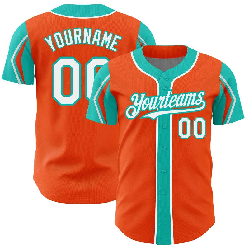 Baseball Jersey for Premium Quality-Custom Orange White-Aqua 3 Colors Arm Shapes Authentic Baseball Jersey