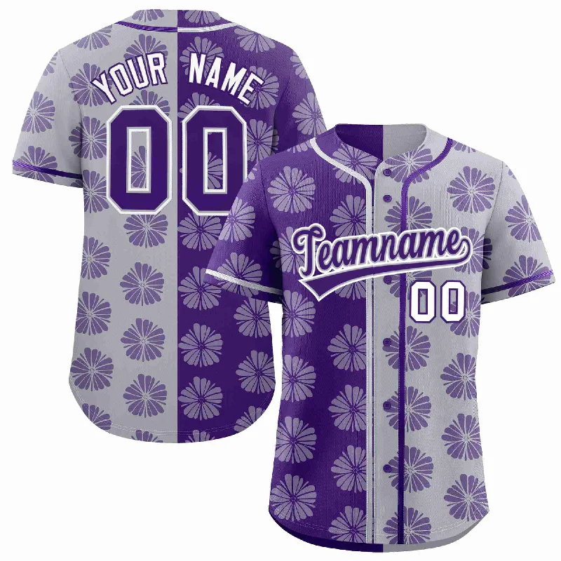 Baseball Jersey for Custom Designs and Graphics-Custom Purple Light Gray Split Fashion Flower Graffiti Pattern Authentic Baseball Jersey