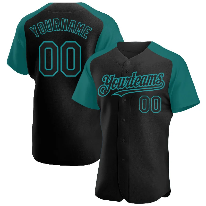 Baseball Jersey for Custom Sports Uniforms-Custom Black Teal Authentic Raglan Sleeves Baseball Jersey