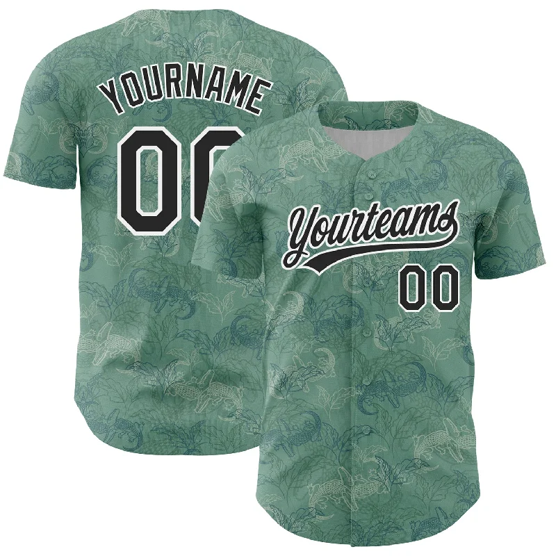 Baseball Jersey for Comfortable Game Wear-Custom Green Black-White 3D Pattern Design Crocodile And Plant Authentic Baseball Jersey