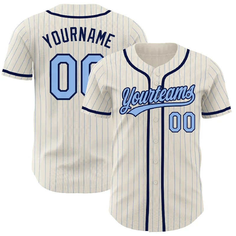 Personalized Baseball Jersey-Custom Cream Light Blue Pinstripe Navy Authentic Baseball Jersey