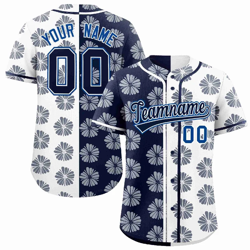 Baseball Jersey for Stylish and Comfortable Designs-Custom Navy White Split Fashion Flower Graffiti Pattern Authentic Baseball Jersey