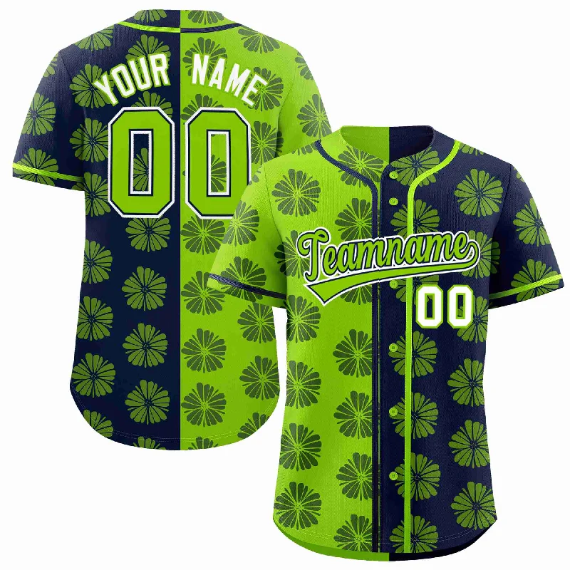 Baseball Jersey for Sports League Uniforms-Custom Neon Green Navy Split Fashion Flower Graffiti Pattern Authentic Baseball Jersey