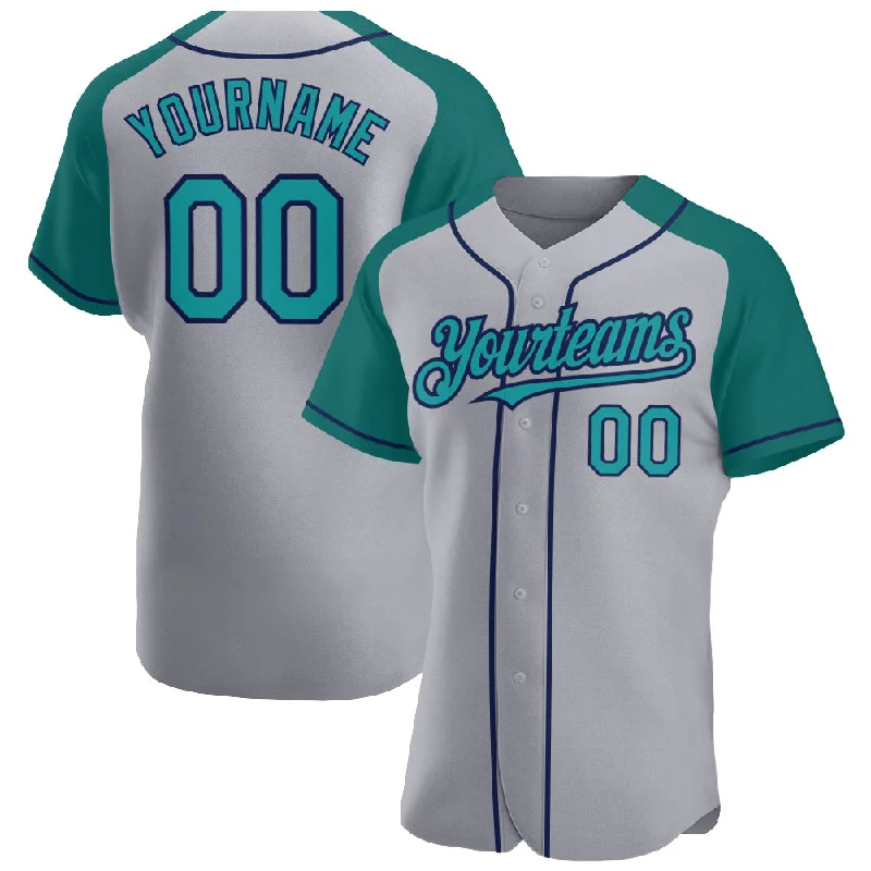 Baseball Jersey for Custom Player Jerseys-Custom Gray Teal-Navy Authentic Raglan Sleeves Baseball Jersey