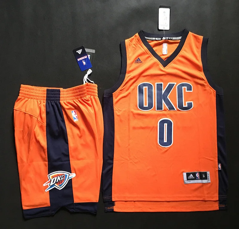 Basketball Jersey for Men-Thunder 0 Russell Westbrook Orange Swingman Basketball Jersey(With Shorts)