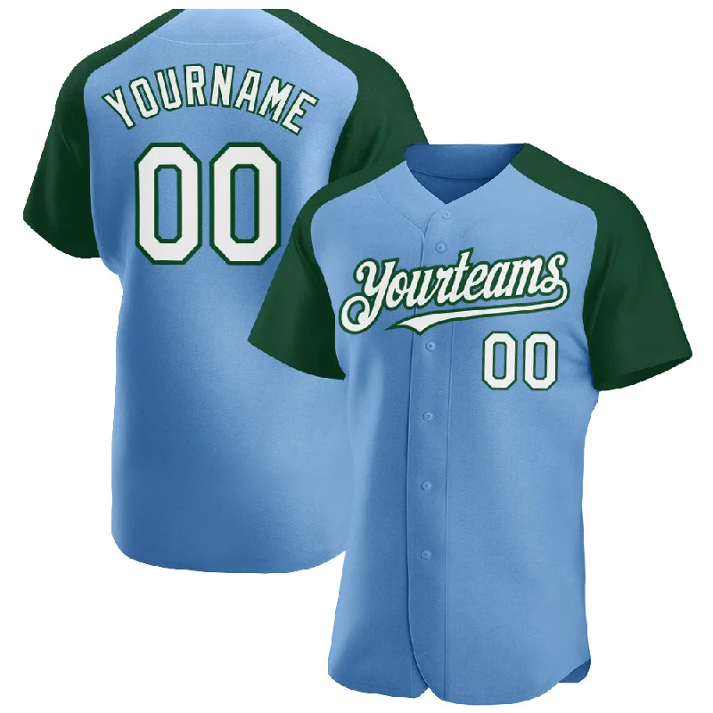 Baseball Jersey for Breathable Design-Custom Light Blue White-Green Authentic Raglan Sleeves Baseball Jersey