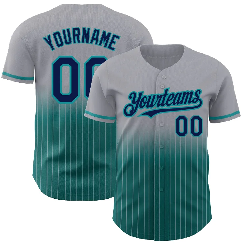 Baseball Jersey for High-Quality Cotton Designs-Custom Gray Pinstripe Navy-Teal Authentic Fade Fashion Baseball Jersey