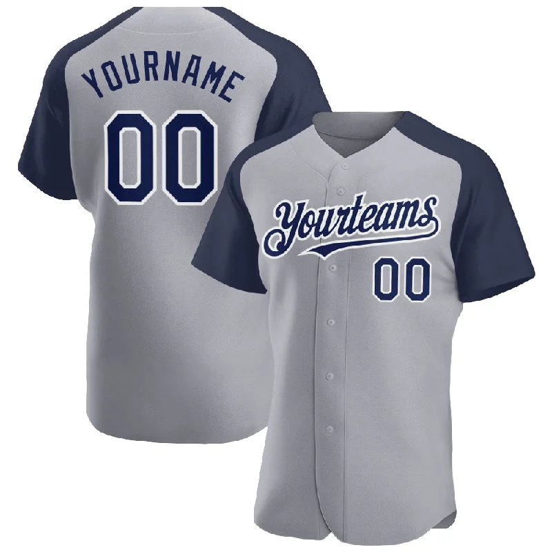 Baseball Jersey for Softball and Baseball Fans-Custom Gray Navy-White Authentic Raglan Sleeves Baseball Jersey