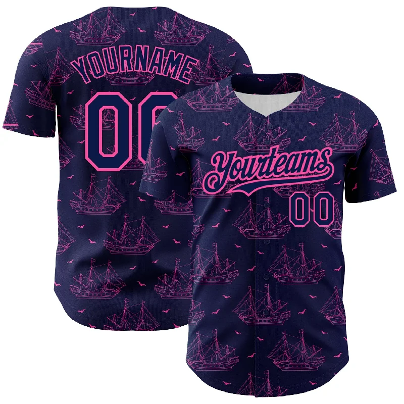 Baseball Jersey for Kids-Custom Navy Pink 3D Pattern Design Ship Frigate With Seagulls Authentic Baseball Jersey