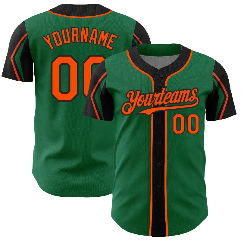 Baseball Jersey for Customized Team Designs-Custom Kelly Green Orange-Black 3 Colors Arm Shapes Authentic Baseball Jersey