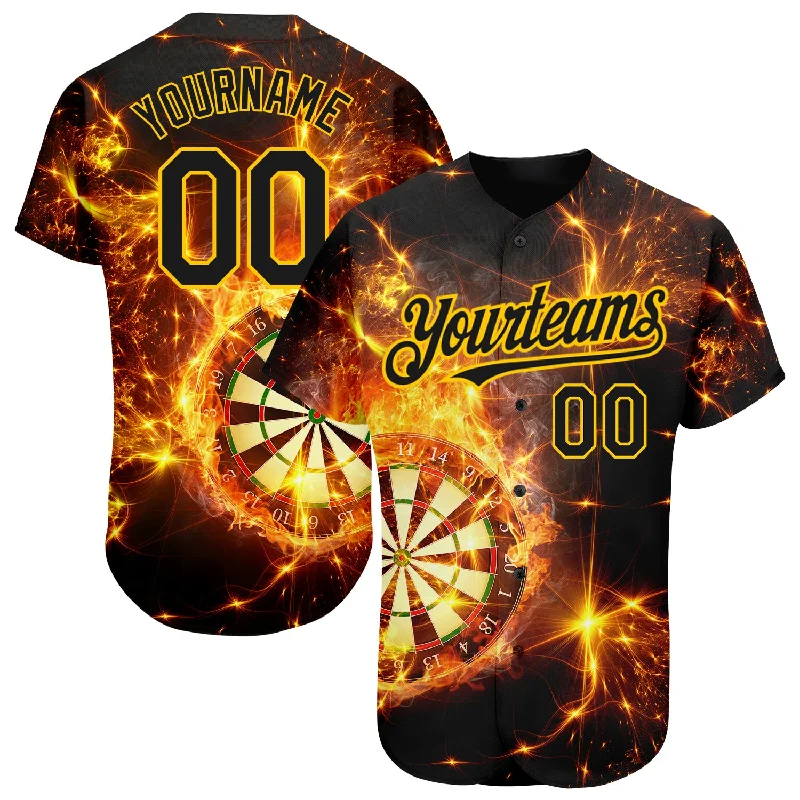 Baseball Jersey for Batting and Fielding Gear-Custom Black Gold 3D Pattern Design Flame Dart Board Authentic Baseball Jersey