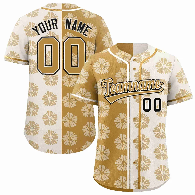 Baseball Jersey for Batting and Fielding Gear-Custom Old Gold Cream Split Fashion Flower Graffiti Pattern Authentic Baseball Jersey