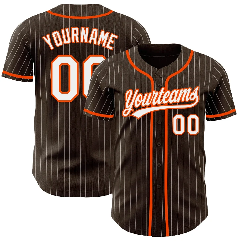 Baseball Jersey for Youth League Teams-Custom Brown White Pinstripe Orange Authentic Baseball Jersey