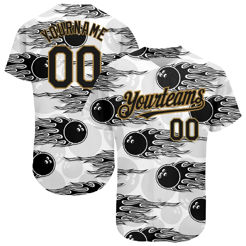 Baseball Jersey for Professional Team Jersey Design-Custom White Black-Old Gold 3D Pattern Design Bowling Ball With Hotrod Flame Authentic Baseball Jersey