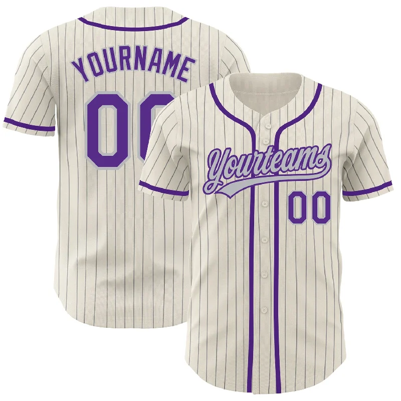 Baseball Jersey for Customizable Fanwear-Custom Cream Gray Pinstripe Purple Authentic Baseball Jersey