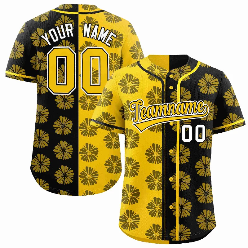 Baseball Jersey for Casual Wear-Custom Gold Black Split Fashion Flower Graffiti Pattern Authentic Baseball Jersey