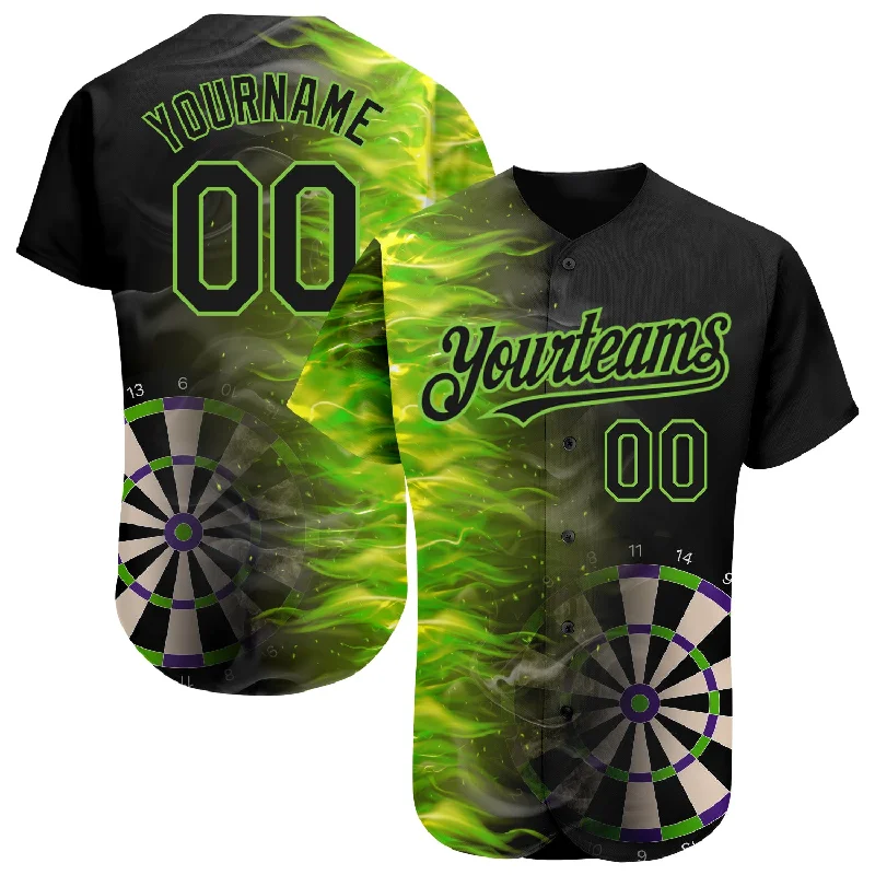 Baseball Jersey for Comfortable and Durable Wear-Custom Black Neon Green 3D Pattern Design Fiery Dart Board Authentic Baseball Jersey