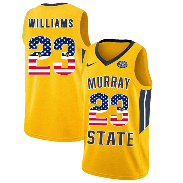 Basketball Jersey for School Spirit Wear-Murray State Racers 23 KJ Williams Yellow USA Flag College Basketball Basketball Jersey