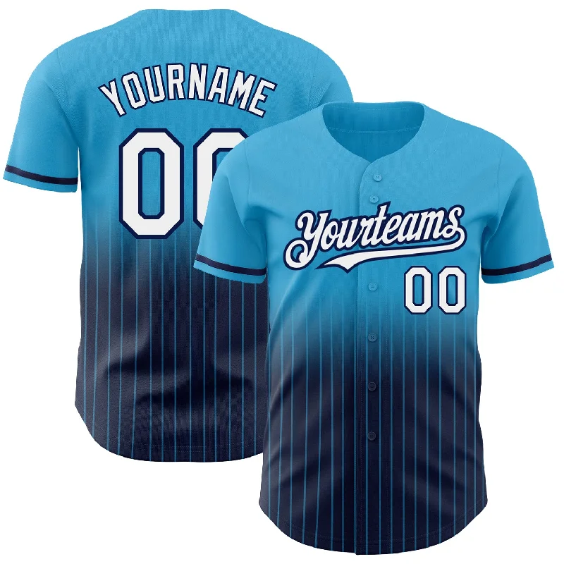 Baseball Jersey for Personalized Apparel-Custom Sky Blue Pinstripe White-Navy Authentic Fade Fashion Baseball Jersey