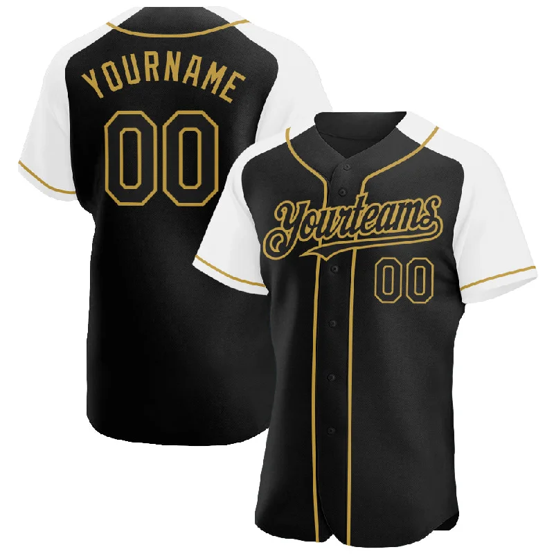 Baseball Jersey for Professional Appearance-Custom Black White-Old Gold Authentic Raglan Sleeves Baseball Jersey