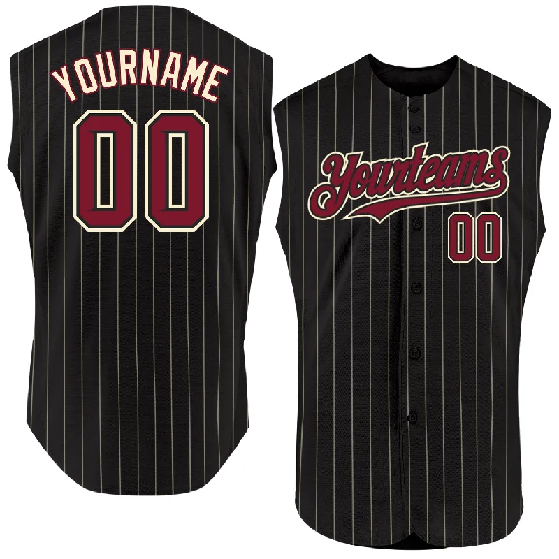 Baseball Jersey for Quality Fabric Finish-Custom Black Cream Pinstripe Crimson Authentic Sleeveless Baseball Jersey