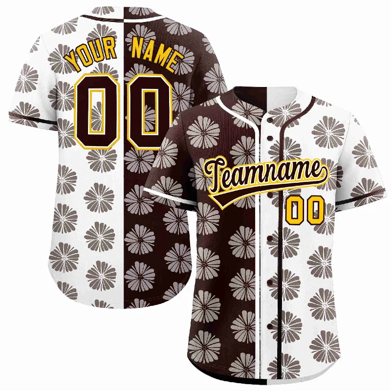 Baseball Jersey for High-Performance Game Wear-Custom Brown White Split Fashion Flower Graffiti Pattern Authentic Baseball Jersey