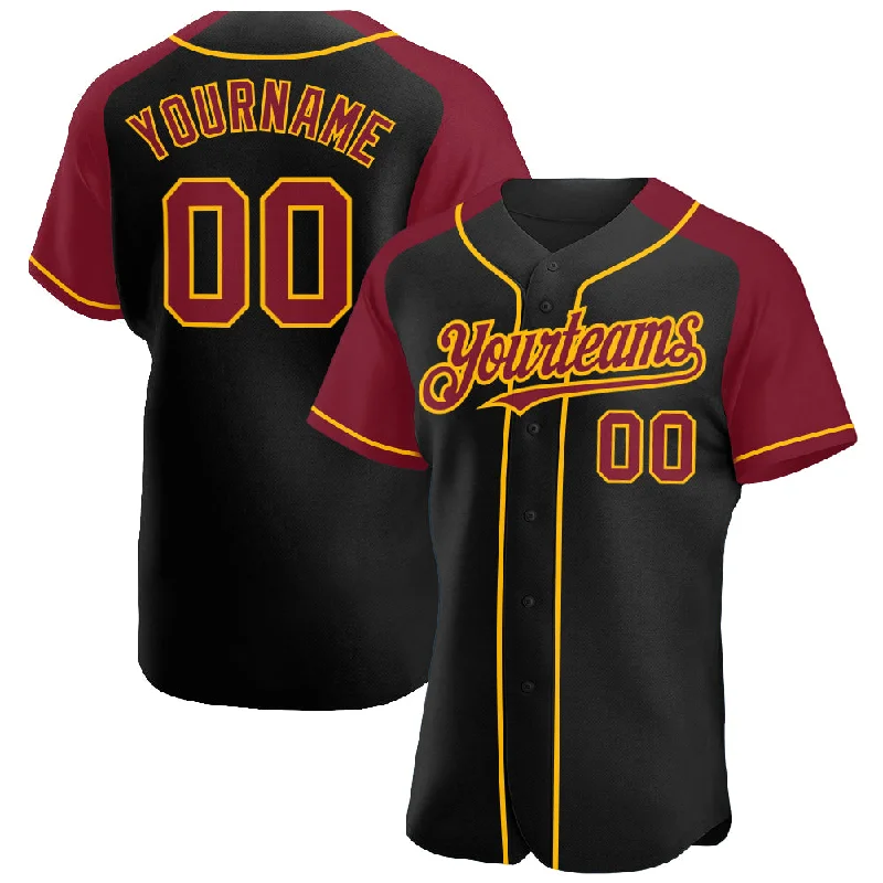 Baseball Jersey for Retro and Vintage Style-Custom Black Crimson-Gold Authentic Raglan Sleeves Baseball Jersey