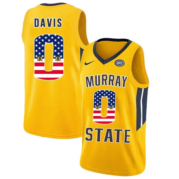 Basketball Jersey for Softball and Basketball Hybrid-Murray State Racers 0 Mike Davis Yellow USA Flag College Basketball Basketball Jersey