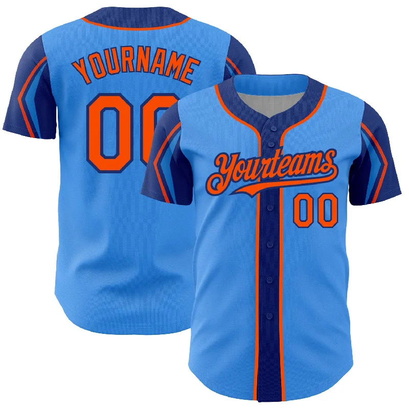 Baseball Jersey for Personalized Fan Designs-Custom Electric Blue Orange-Royal 3 Colors Arm Shapes Authentic Baseball Jersey