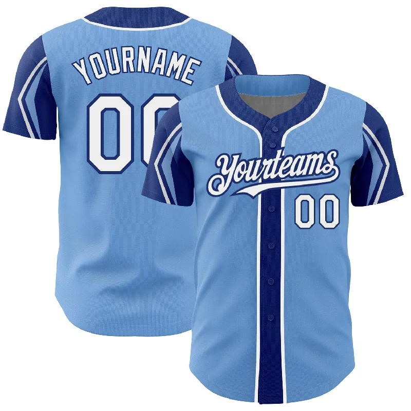 Baseball Jersey for Men-Custom Light Blue White-Royal 3 Colors Arm Shapes Authentic Baseball Jersey