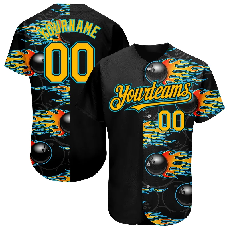 Baseball Jersey for High-End Custom Bats and Jerseys-Custom Black Gold-Lakes Blue 3D Pattern Design Bowling Ball With Hotrod Flame Authentic Baseball Jersey Ball