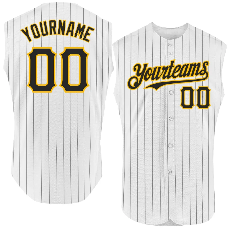 Baseball Jersey for Complete Custom Apparel-Custom White Black Pinstripe Gold Authentic Sleeveless Baseball Jersey