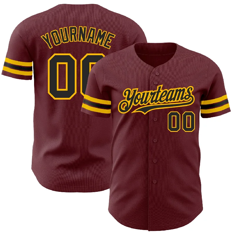 Baseball Jersey for Team Customization-Custom Burgundy Black-Gold Authentic Baseball Jersey