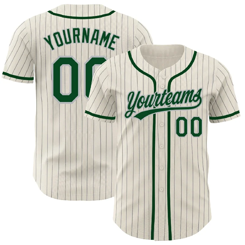 Baseball Jersey for Sports Team Support Apparel-Custom Cream Gray Pinstripe Green Authentic Baseball Jersey